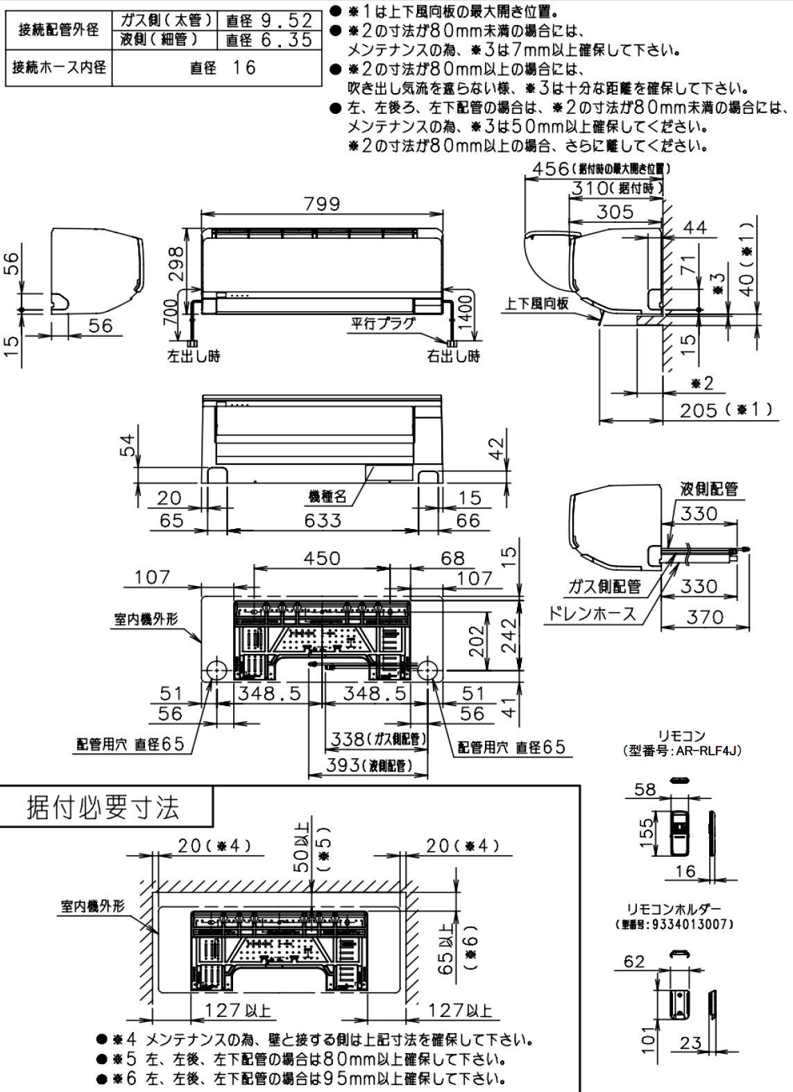 室内機寸法、据付スペース