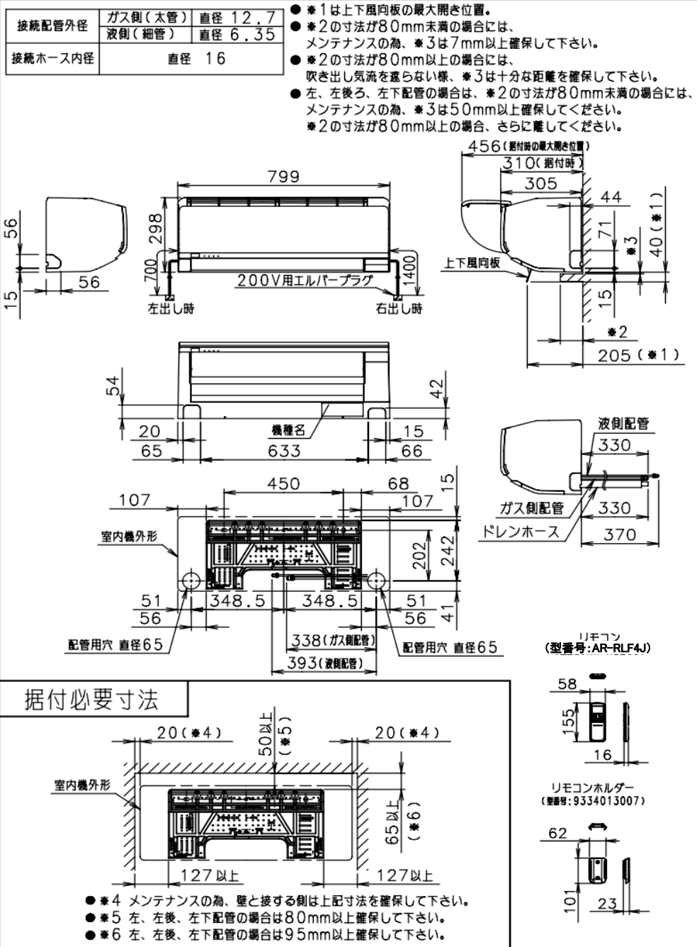 室内機寸法、据付スペース