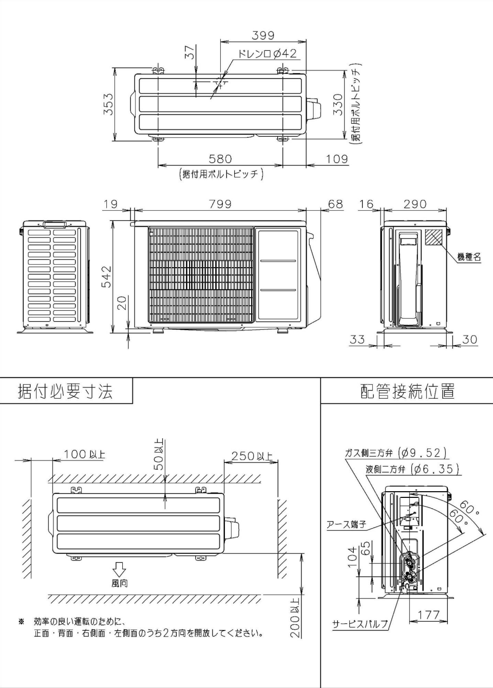 室外機寸法、据付スペース