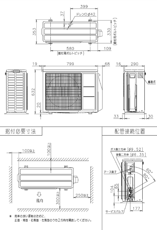 室外機寸法、据付スペース