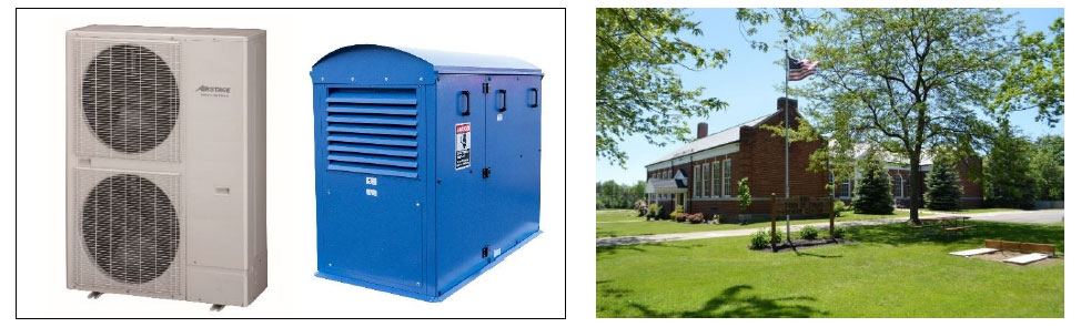実証実験に用いる空調システム（J-Ⅳ室外機 / VS1000RTe換気システム）、実証実験を行うSenior Citizen Center（ニューヨーク州エバンス町）