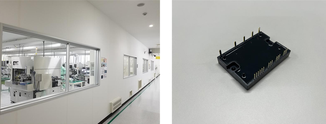 ODT内生産ラインの様子とIGBT IPM外観のイメージ