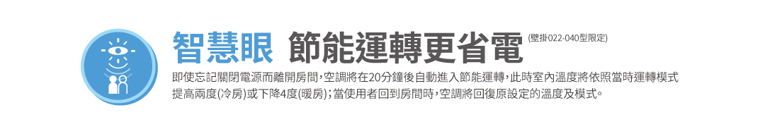 智慧眼 節能運轉更省電(限定機種) 即使忘記關閉電源而離開房間，空調將在20分鐘後自動進入節能運轉，此時室內溫度將依照當時運轉模式提高兩度(冷房)或下降4度(暖房)；當使用者回到房間時，空調將回復原設定的溫度及模式。