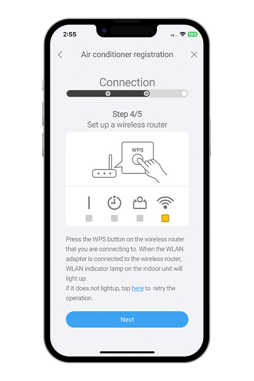 Press the WPS button on the WLAN router that you are connecting to. Refer to the operating manual of the WLAN router for the location of the button and how to press it.